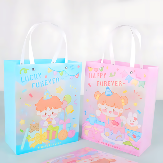 Happy & Lucky PVC gift bags with pastel cartoon birthday prints