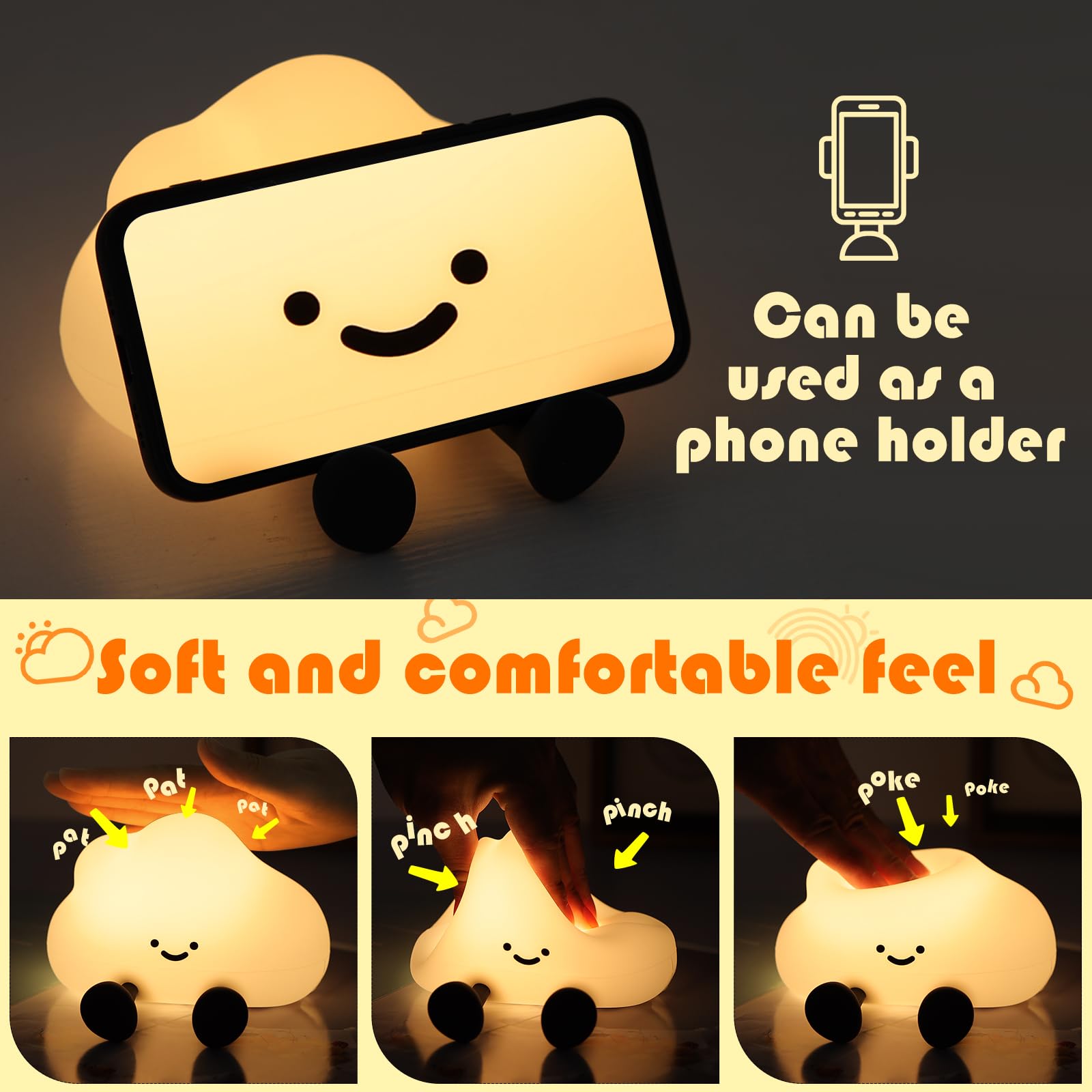 Rechargeable cloud-shaped night light with 3 brightness levels