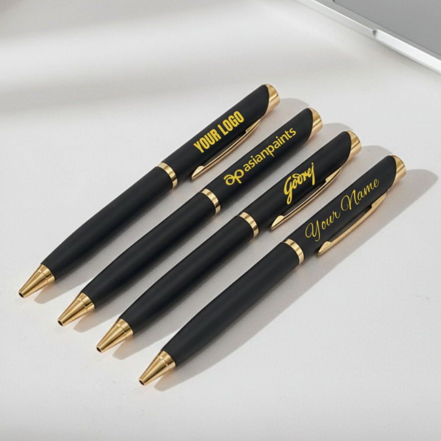 Glossy Black Gold Personalised Pen Engraved Name Logo