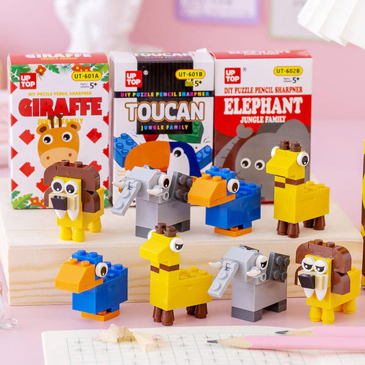Kids puzzle pencil sharpener in jungle animal theme – educational stationery