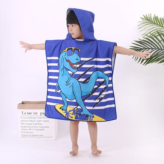 Child wearing microfiber hooded beach towel with animal print design