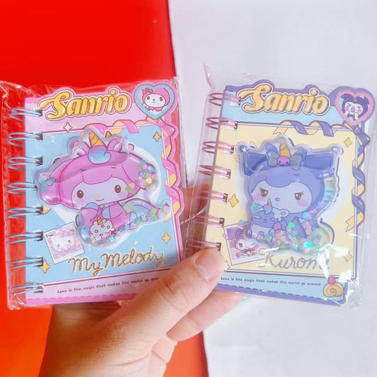 Kawaii cartoon spiral notebook with glitter-filled 3D cover and lined writing pages.