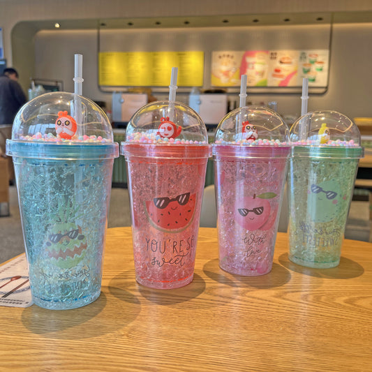 Cartoon Fruit – Fun Character Glitter Cup with Straw 450ml