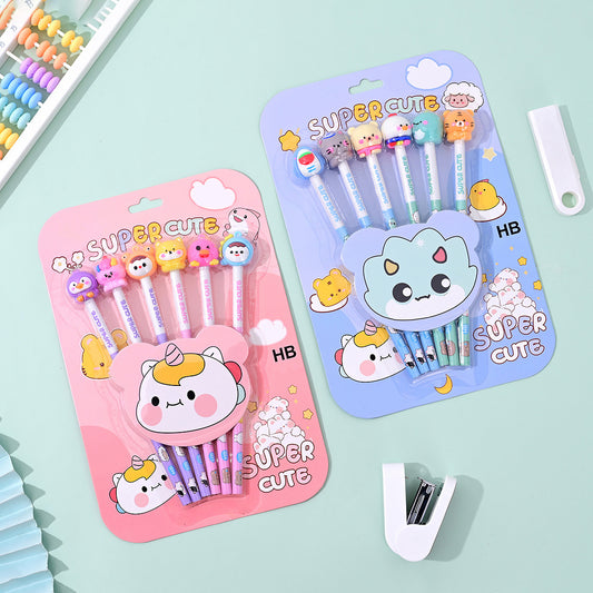6-in-1 Cartoon Pencil Set with Fun Animal Erasers