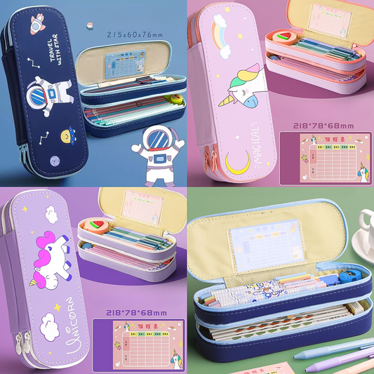 Spacious Double-Layer Pencil Pouch – Astronaut & Unicorn Print