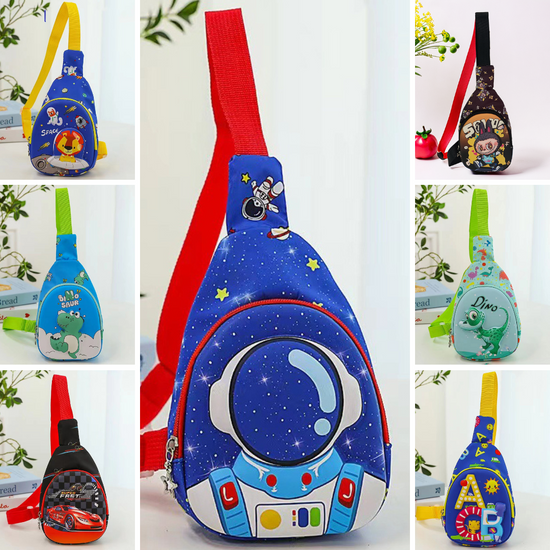 Collage of various children's sling bags with different designs and colors.