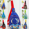 Collage of various children's sling bags with different designs and colors.