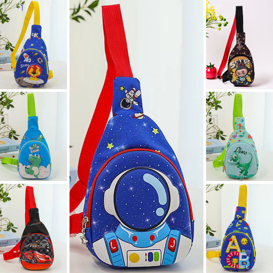 Collage of various children's sling bags with different designs and colors.