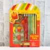 Little Tree Fast Food Party pencil and eraser set featuring burger, fries, and soda-shaped erasers with colorful pencils.