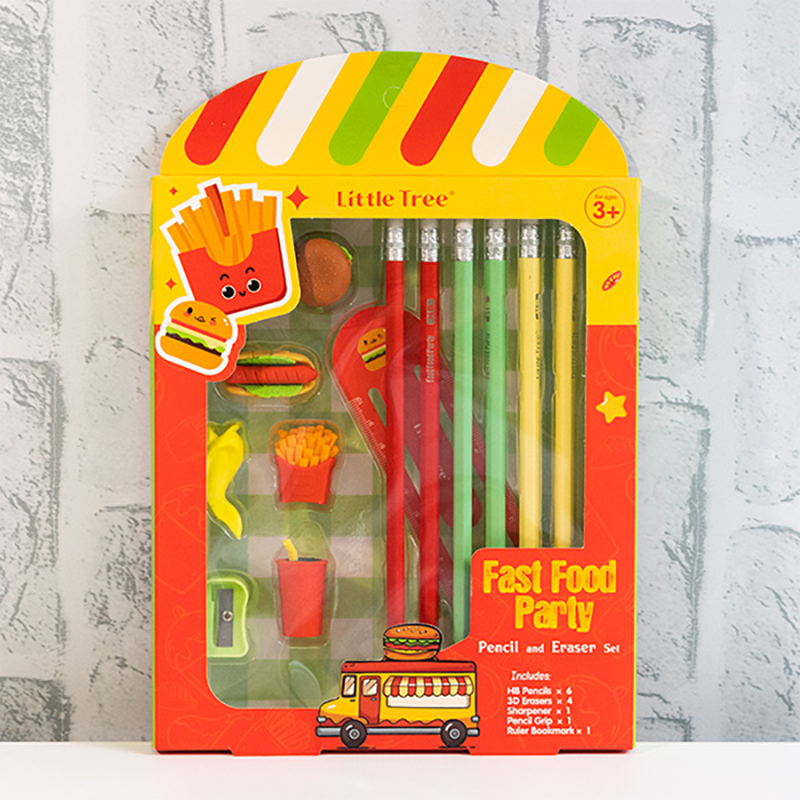 Little Tree Fast Food Party pencil and eraser set featuring burger, fries, and soda-shaped erasers with colorful pencils.