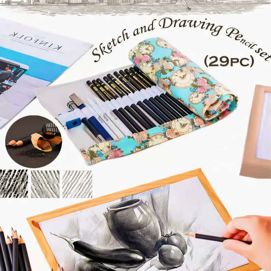 29-Piece Sketch and Drawing Pencil Set in Roll-Up Canvas Pouch