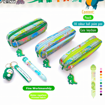 Adorable Dino Pouch With Multicolor Pen & Keychain