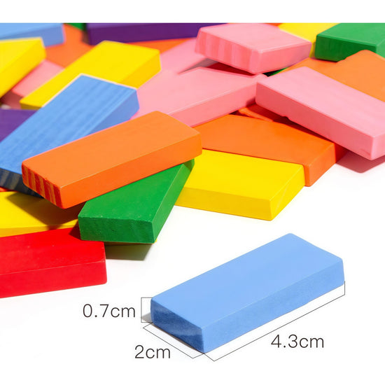 Dimensions diagram showing 2x4.5cm size of individual wooden domino pieces.