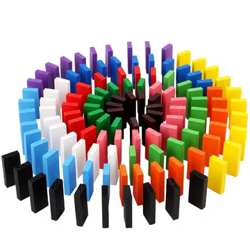 Stack of 120 multi-colored wooden domino blocks wrapped in plastic next to their retail box.