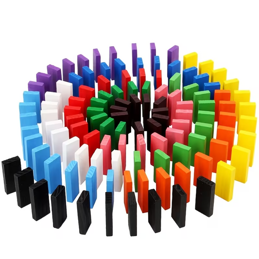 Stack of 120 multi-colored wooden domino blocks wrapped in plastic next to their retail box.