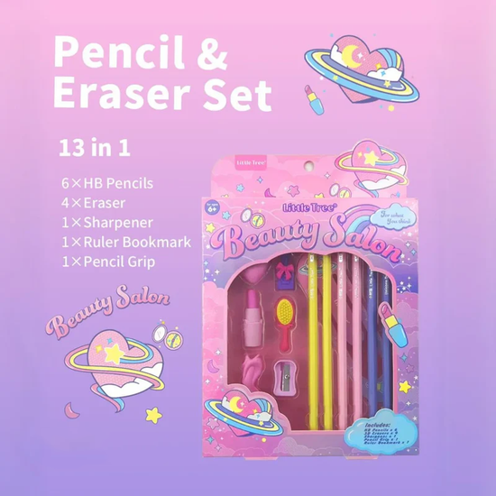 Cute beauty-themed stationery set for kids with pastel pencils, fashion-inspired erasers, and girly purple packaging.