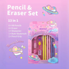Cute beauty-themed stationery set for kids with pastel pencils, fashion-inspired erasers, and girly purple packaging.