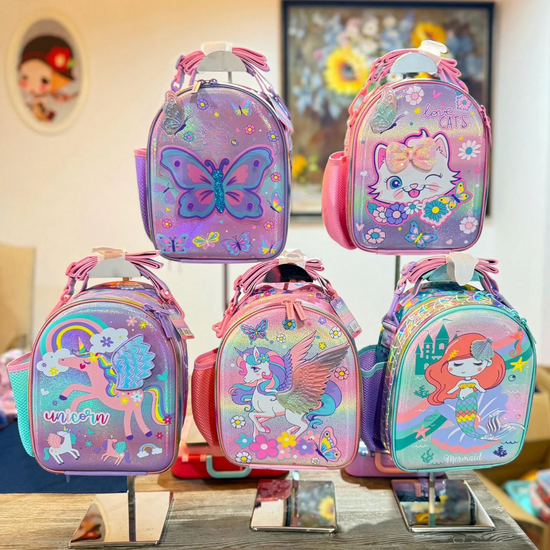 Cute cartoon insulated lunch box bag with unicorn, mermaid, kitty and butterfly designs for kids.