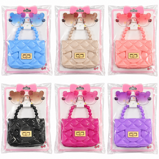 Fashionable Bear Gradient Sunglasses & Quilted Mini Purse Combo Set for Girls