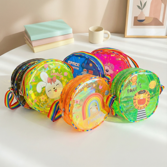 Six colorful round transparent kids sling bags with various cartoon prints like unicorns and space rockets.