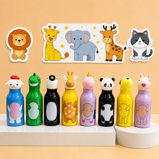 3D Animal Head Kids Plastic Water Bottle | 500ml Lightweight Sipper School Bottle