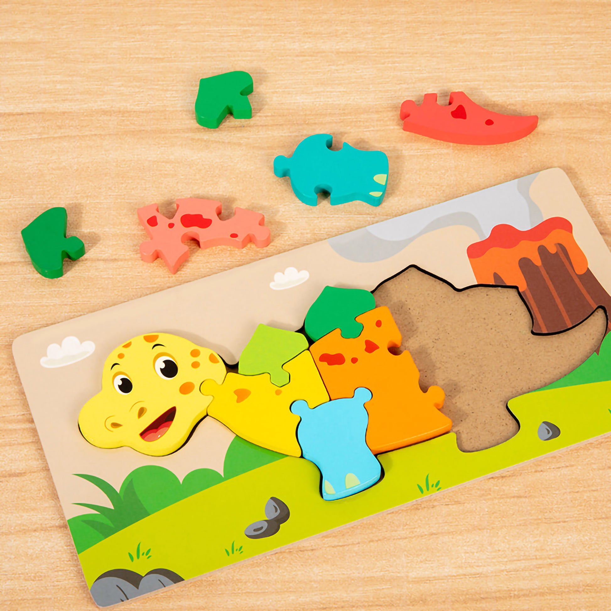 Collection of wooden puzzle boards featuring colorful designs of a rabbit, rocket, giraffe, and dinosaur.