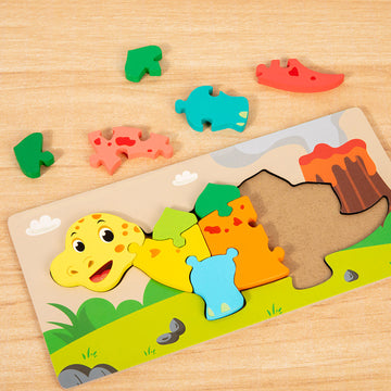 Collection of wooden puzzle boards featuring colorful designs of a rabbit, rocket, giraffe, and dinosaur.