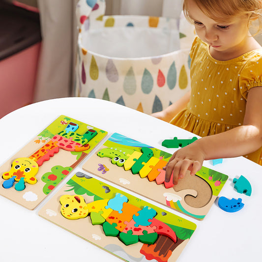 Toddler playing with a green crocodile wooden puzzle, fitting the segmented pieces into the board.