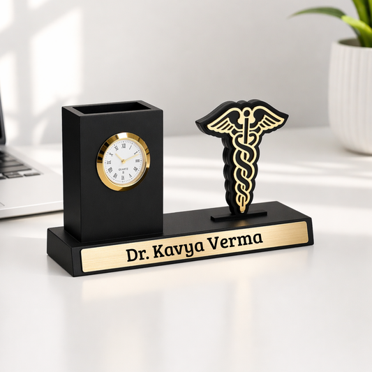 Personalized Doctor Desk Organizer with Clock & Pen Stand | Corporate Gift