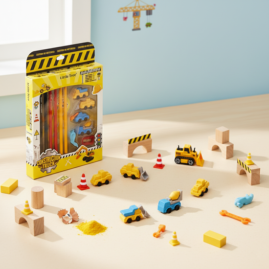 Cute construction-themed pencil and eraser set for children, packaged with toy truck erasers and bright pencils.