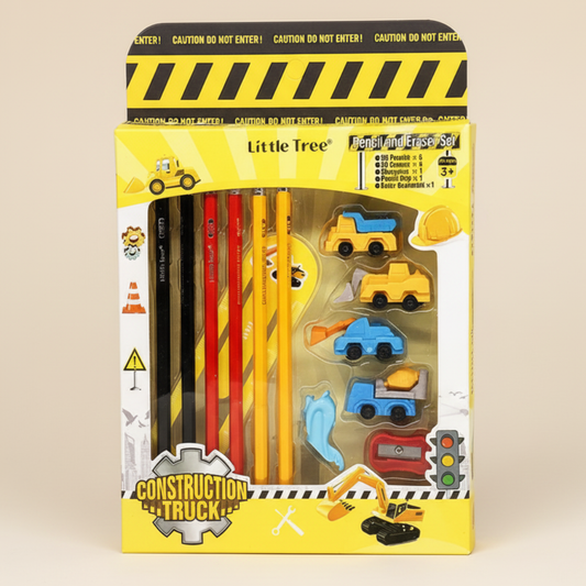 Little Tree Construction Truck pencil and eraser set featuring colorful vehicle-shaped erasers and yellow-red pencils in themed packaging.