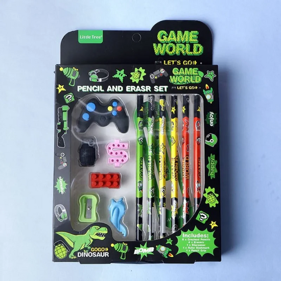 Little Tree Game World pencil and eraser set featuring gaming controller and block-shaped erasers with colorful pencils.