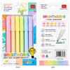 Front and back retail views of the packaged six-color pastel highlighter set showing product specifications and a chisel tip diagram.