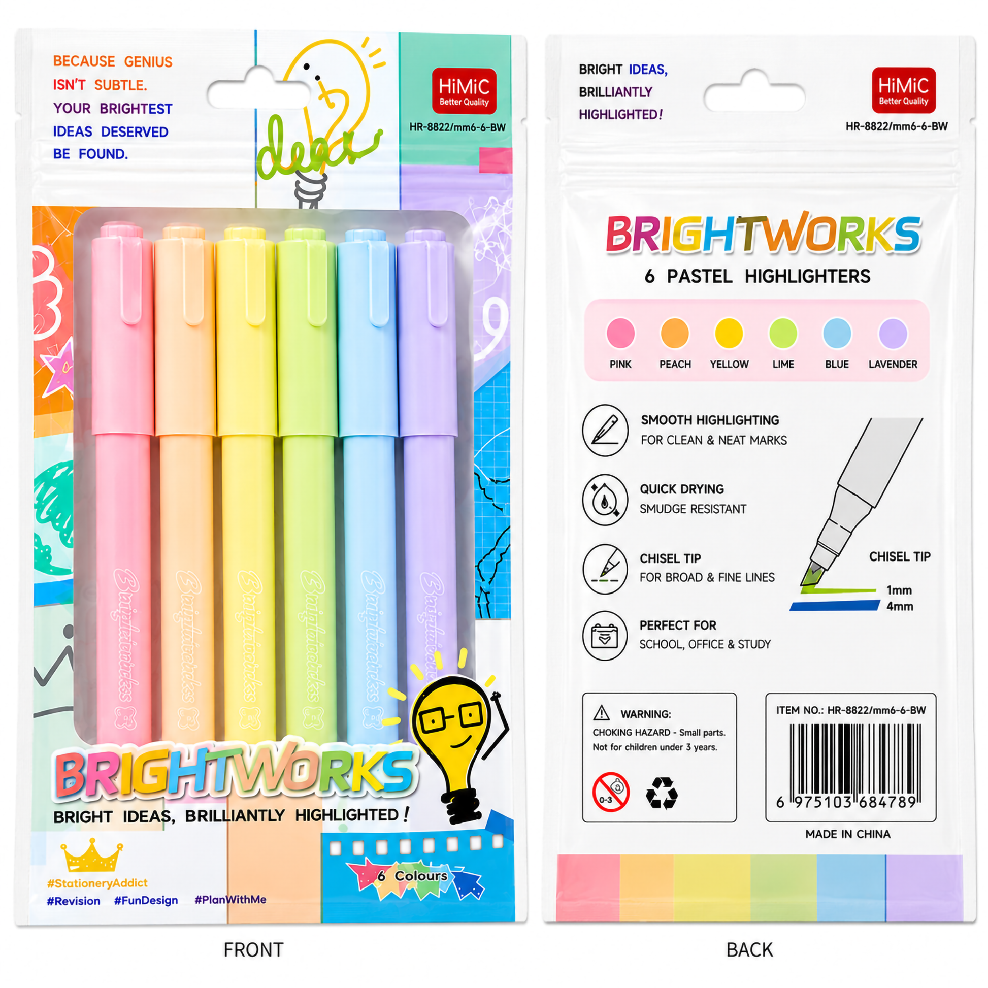 Front and back retail views of the packaged six-color pastel highlighter set showing product specifications and a chisel tip diagram.