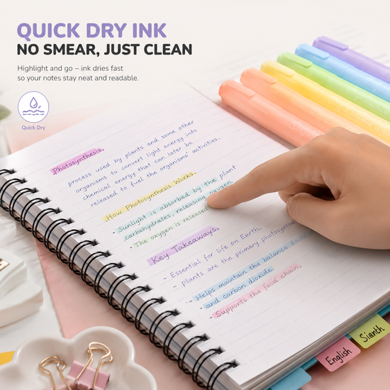 A close-up view of a hand pointing to highlighted text on a spiral-bound notebook page, demonstrating the smooth, quick-drying pastel ink.