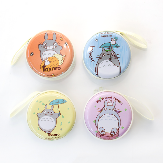 Cute round metal Totoro coin purses and earphone storage cases in assorted colors.