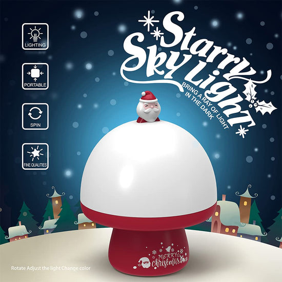 Christmas mushroom-shaped starry projector lamp with Santa, Snowman, and Tree designs