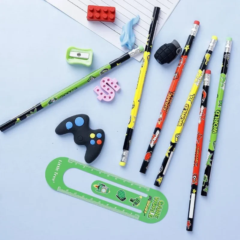 Game World pencil and eraser set with green, yellow, and red pencils and fun video game-inspired erasers.