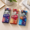 Three colorful 7-piece geometry boxes (red, orange, blue) neatly arranged on a clean white background.