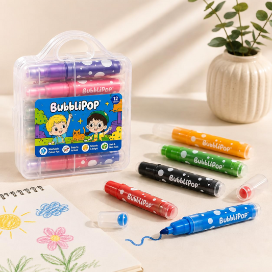 BubbliPop 12-Shade Washable Jumbo Colour Markers Set | Easy-Grip Toddler Art Kit in Storage Case