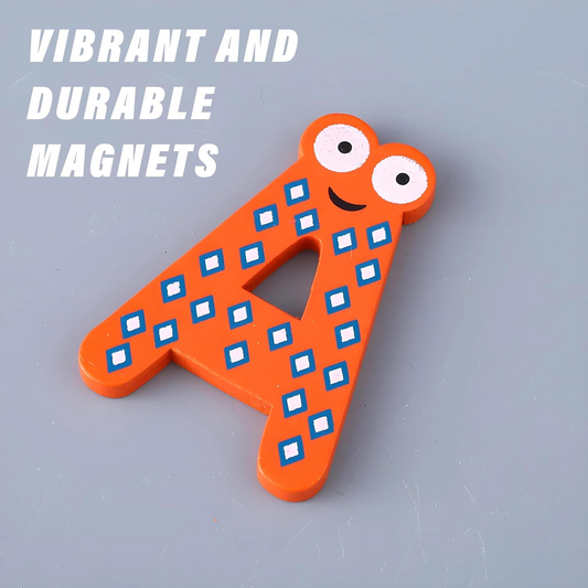 A–Z magnetic wooden letters in bright colors and patterns, perfect for preschool learning and play.