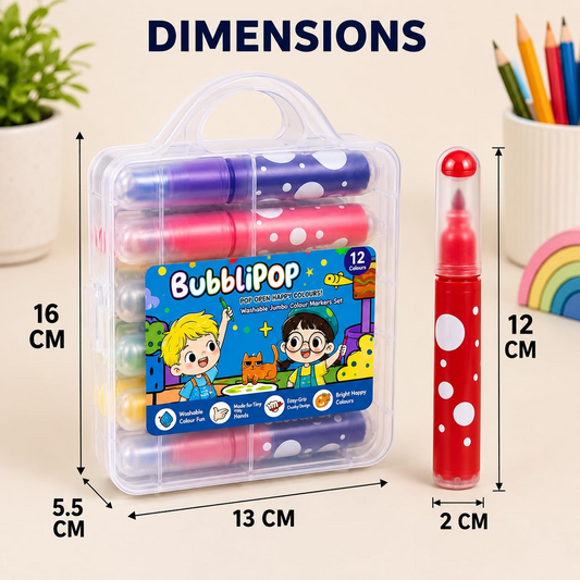BubbliPop 12-Shade Washable Jumbo Colour Markers Set | Easy-Grip Toddler Art Kit in Storage Case