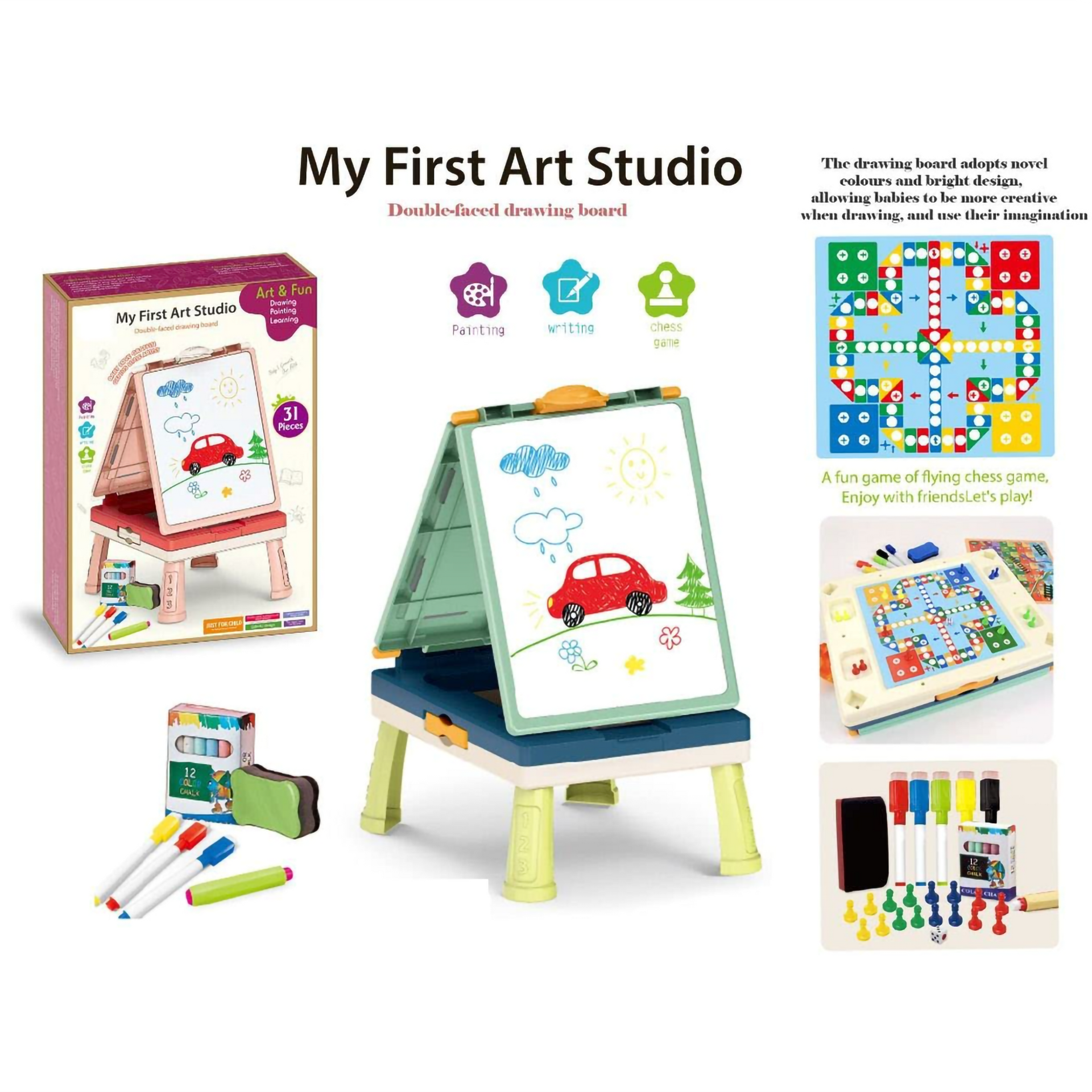 Pologame Art board アート My First Art Studio – 3-in-1 Double-Sided Drawing Board & Game