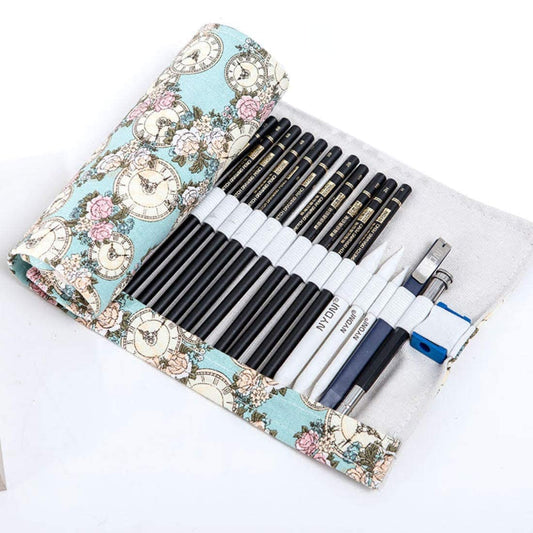 29-Piece Sketch and Drawing Pencil Set in Roll-Up Canvas Pouch