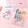 Three clear plastic zip pouches with unicorn-themed designs and text reading 'I'M a Unicorn' on a pink background. One pouch contains pastel-colored pens with unicorn, llama, and flamingo character tops.