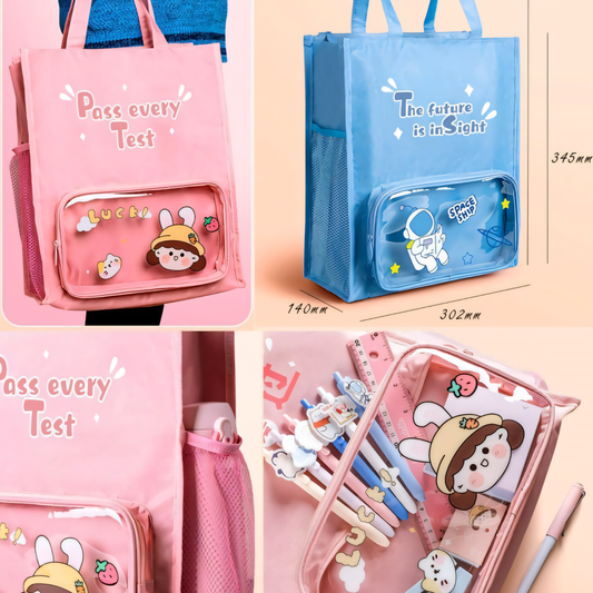 Kawaii Tuition Tote Bag with Transparent Stationery Pocket