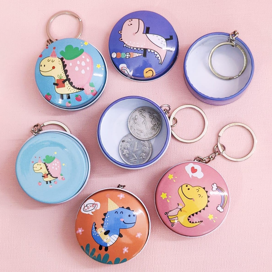 Dino Round Mini Metal Tin Box Keychain