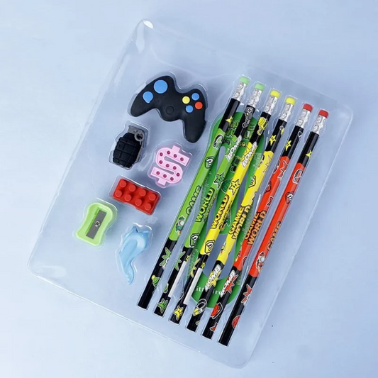 Cool gaming-themed stationery set for kids with joystick, grenade, and dollar sign erasers in black neon packaging.
