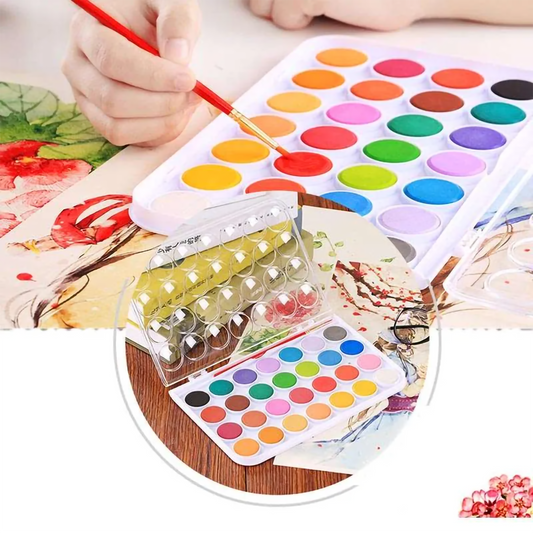 24-Color Solid Watercolor Paint Box with Brush
