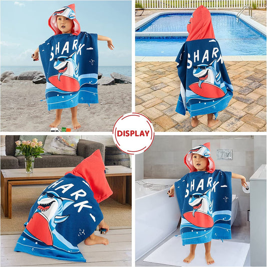 Kids’ hooded bath towel cloak spread out showing vibrant animal pattern